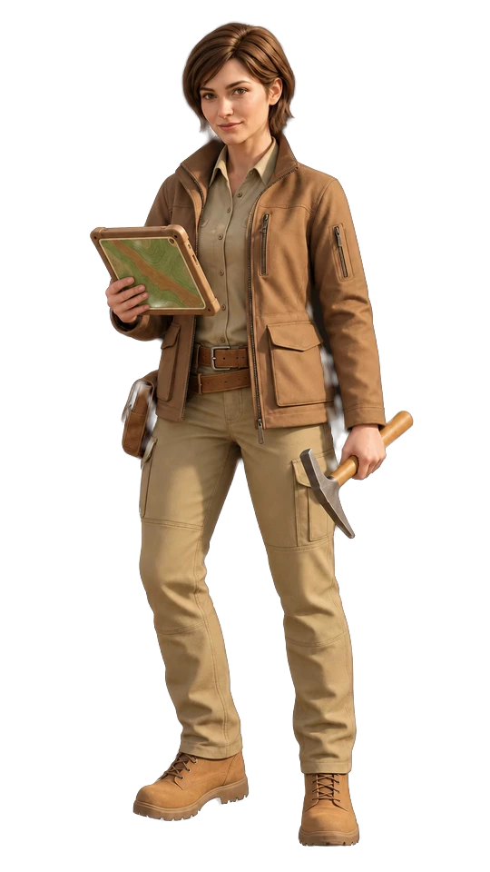 Jade, assistente do QUARTZ, com tablet e martelo de geologia.
